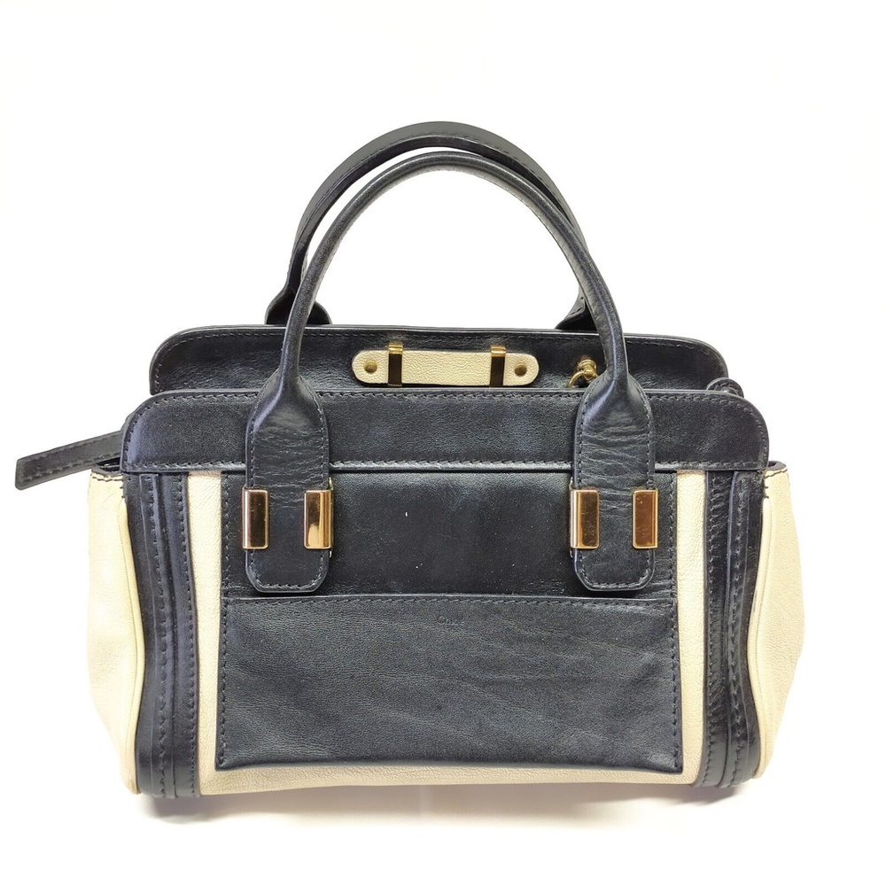 CHLOE Little Alice 2way Tote Hand Bag Black/Bone Leather Canvas Satchel